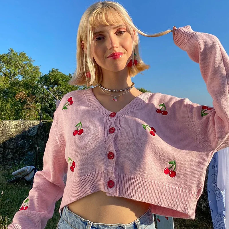 

Cottagecore Cherry Embroidery Cardigan Women Vintage Y2k V Neck Casual Sweater 2023 Spring Autumn New Fashion Indie Crop Tops