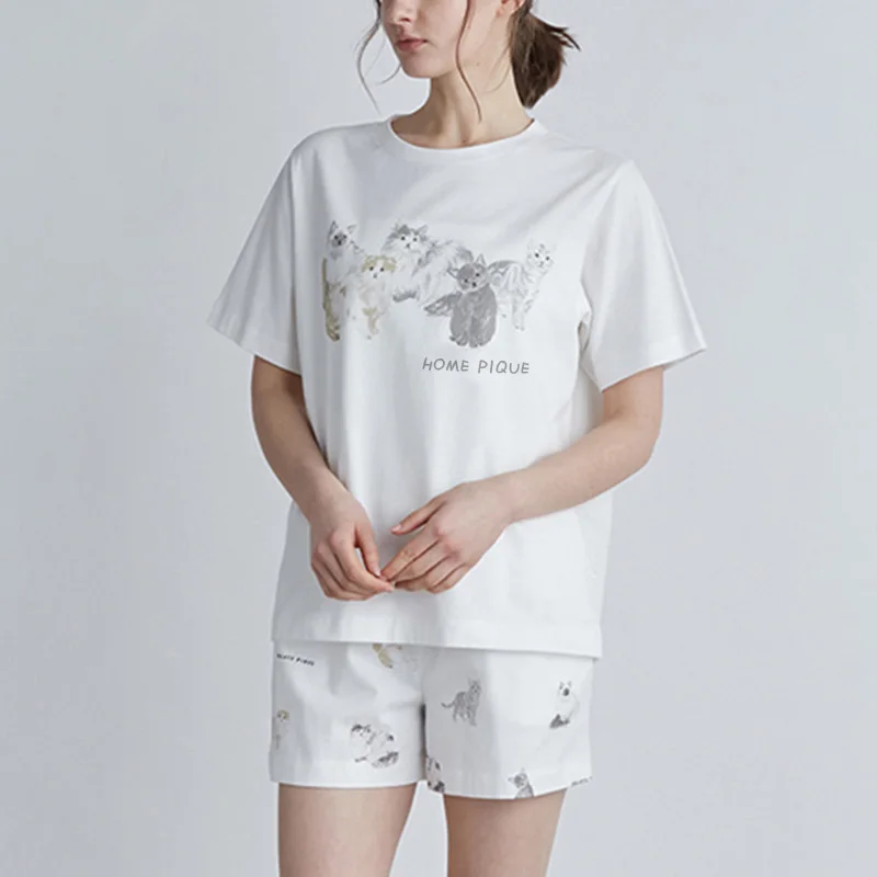 

Women's Kawaii Cat Shorts Set, Home Wear, Sleepwear, Loungewear, O-Neck, Loose, Casual, Homewear, Pajama