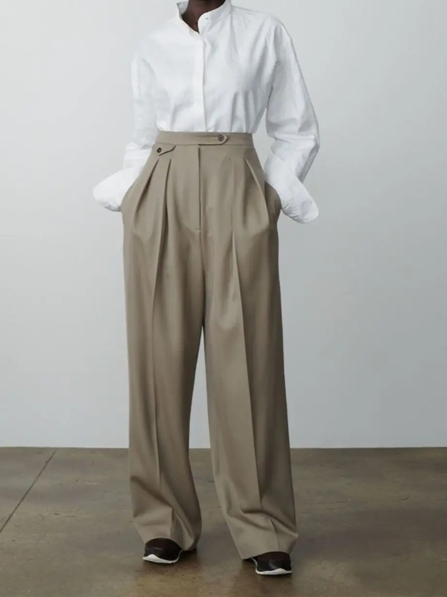 2023 New Women Pleated Straight Silhouette Pants High Waist Office Lady Wide Leg Slacks Female Suit Trousers Versatile