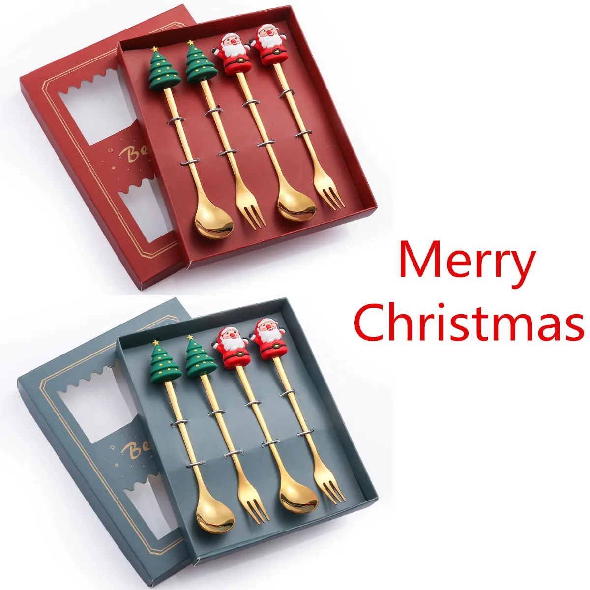 

4PCS Christmas Spoon with Cift Box Stainless Steel Coffee Spoon Set Christmas Pendant Dessert Scoop Teaspoon Kitchen Tableware