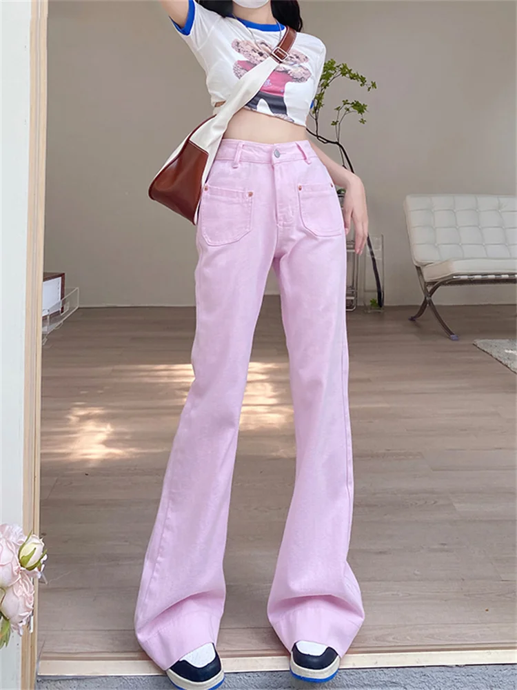 

2023 New Pink Flared Jeans Women Japanese Cute Baggy Boyfriend Full Length Vintage Denim Pants Casual Long Female Trousers Y2K