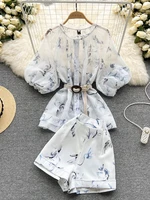 summer see through outfits for womens puff sleeve floral print chiffon tops and elastic waist pocket belt short 2 piece sets