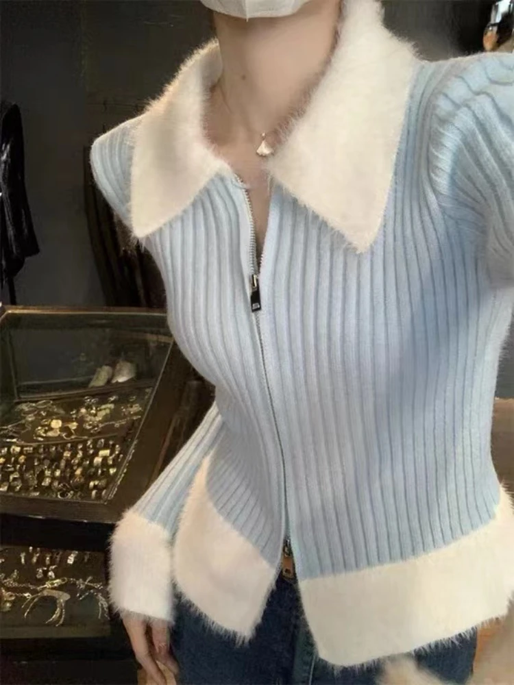 

Zipper Long Sleeve Design Knitted Sweater Korean Fashion Casual Pullover Female Slim Chic 2023 Winter Faux Fur Y2k Crop Tops