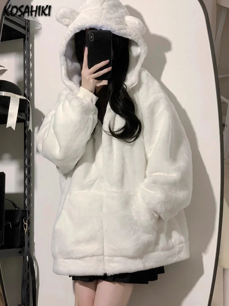 

Japanese Kawaii Fluffy Coat Y2k Women Aesthetic Fairy Jacket Warm Outwear Ber Ear Hooded White Jackets Cute Top