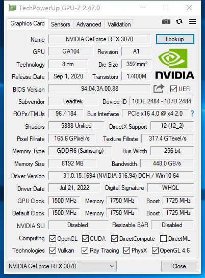 MLLSE Graphics Card RTX 3070 8GB Gaming NVIDIA GPU GDDR6 256bit HDMI*1 DP*3 PCI Express 4.0 x16 rtx 3070 8gb Video card 6