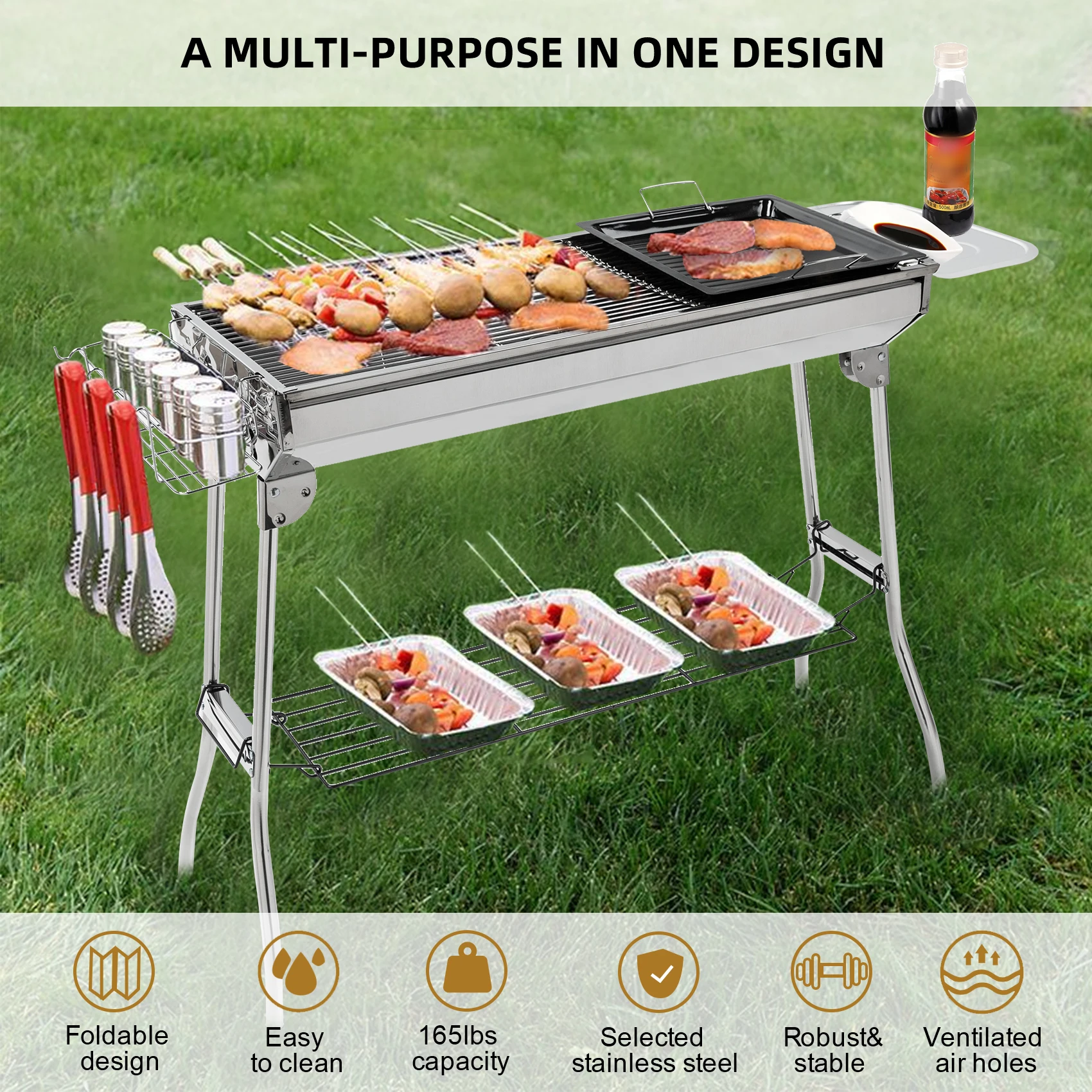 

Stainless Steel BBQ Grill Large Outdoor Folding Portable Barbecue Meat Rack Picnic BBQ Grill with Storage Basket Board Shelf
