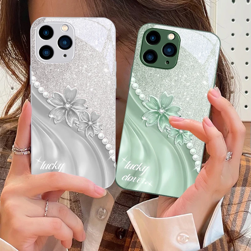 Creative Peach Blossom purple For IPhone 16 Pro Max 15 14 13 12 Mini 11 XS XR 7 8 Plu SE 2022 Tempered Glass Phone Case