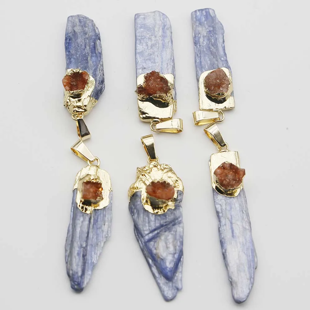 New Natural Raw Stone Blue Crystal Strip Pendant Irregular Orange Agate Necklace Charm Fashion Jewelry Accessories Wholesale8Pcs
