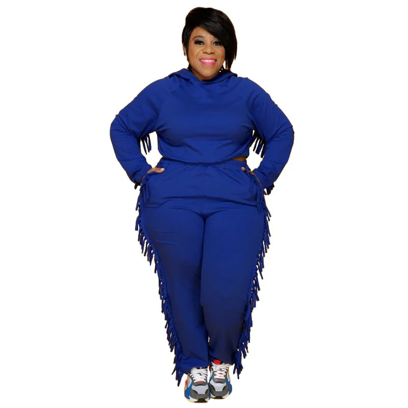 Plus Size Women Clothing Fall Two Piece Set Women Outfits Long Sleeve Tassels Hoodie Sweatsuit for Fem 3xl 4xl 5xl 6xl