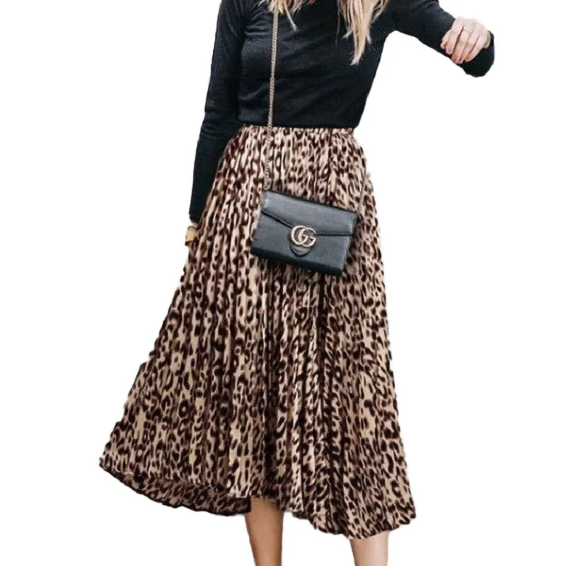 

YFOR Elegant Long Dresses for Women Large Size Leopard Print Mid-Length Pleated Large Skirt Fashion Elastic