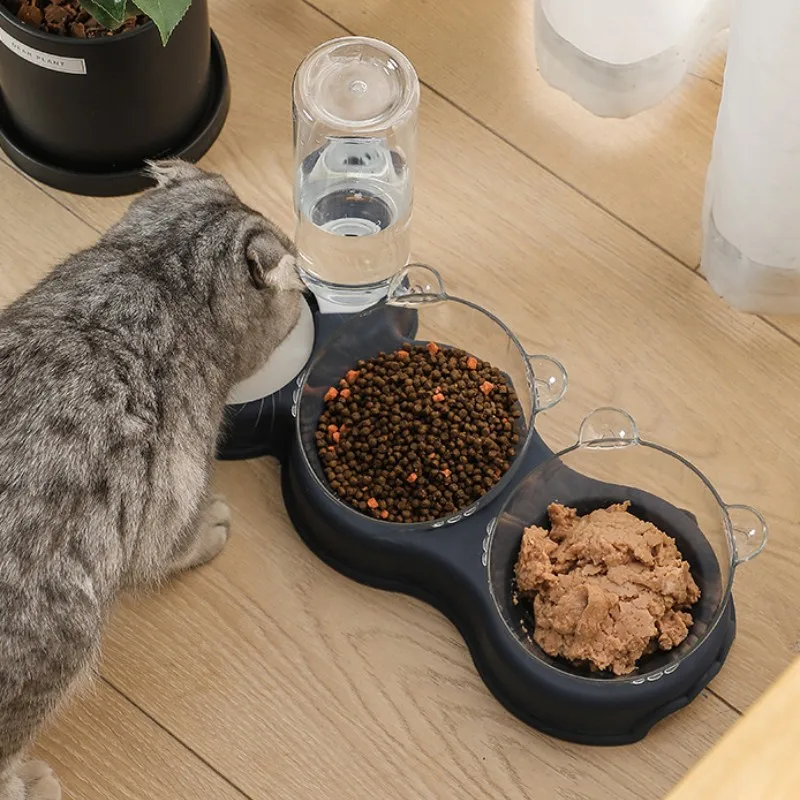 

Pet Cat Bowl Automatic Feeder Water Dispenser Wet And Dry Separation Double Bowl Drinking Raised Stand Dish Bowls For Cats