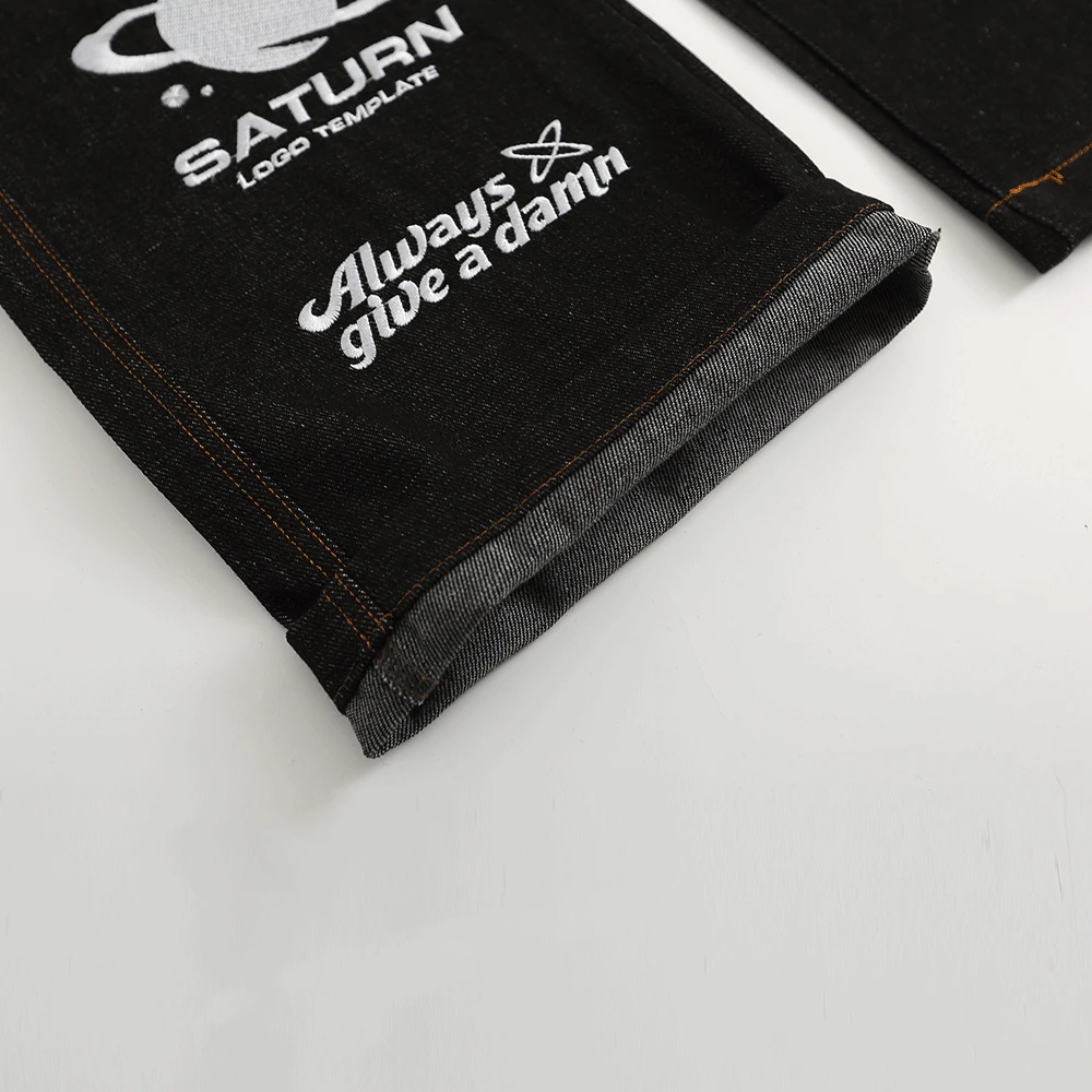 Letter Embroidery Baggy Denim Jeans Men High Street Fashion Loose Straight Pants Black Biker Casual Trousers Homme Pantalones