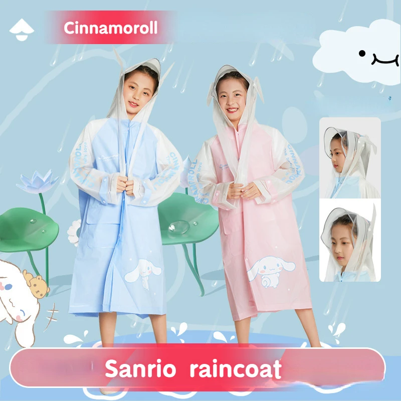 

Sanrios Cinnamoroll Child Raincoat Anime Lengthen Safety Reflective Strip Kawaii Primary School with Bag Seat Funny Cartoon Gift