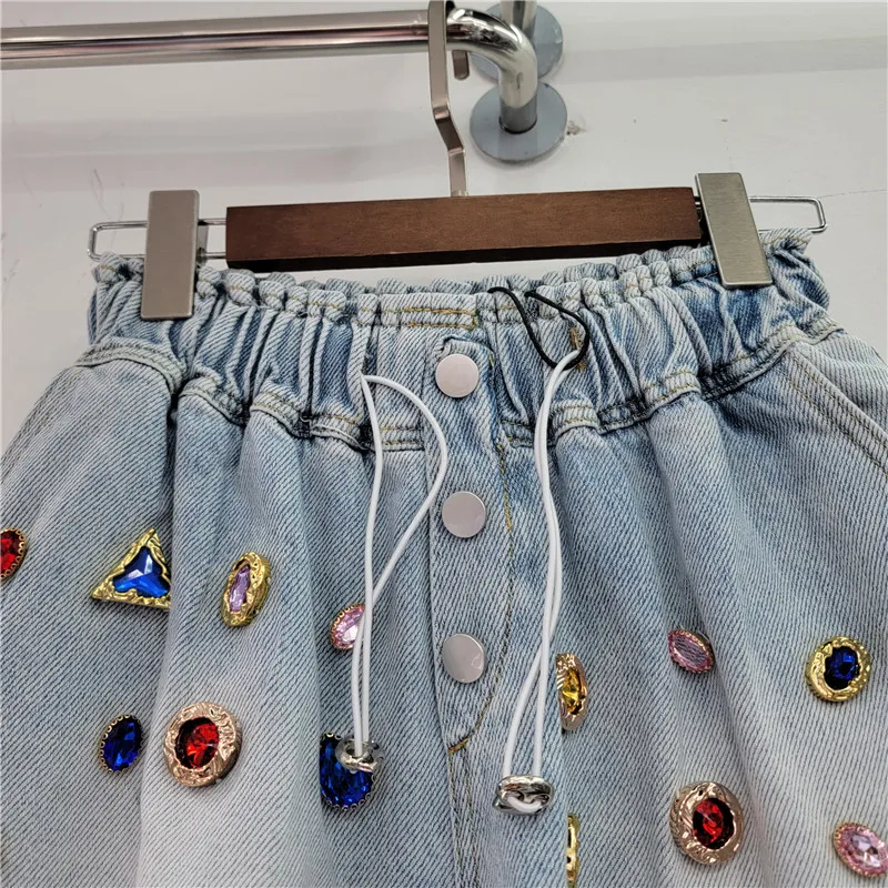2023 Summer New Color Diamond Elastic High Waist Shorts Loose and Slimming Denim Shorts for Women Loose Casual Wide Leg Shorts