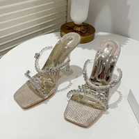 new summer pvc crystal rhinestone womens slippers sandals stiletto square toe hollow sequin gold silver slides pumps high heels