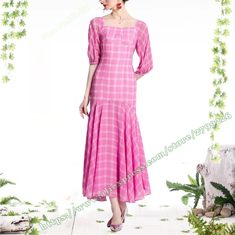 

Summer Korean Fashion Sexy Pink Plaid Chiffon Dress for Women 2023