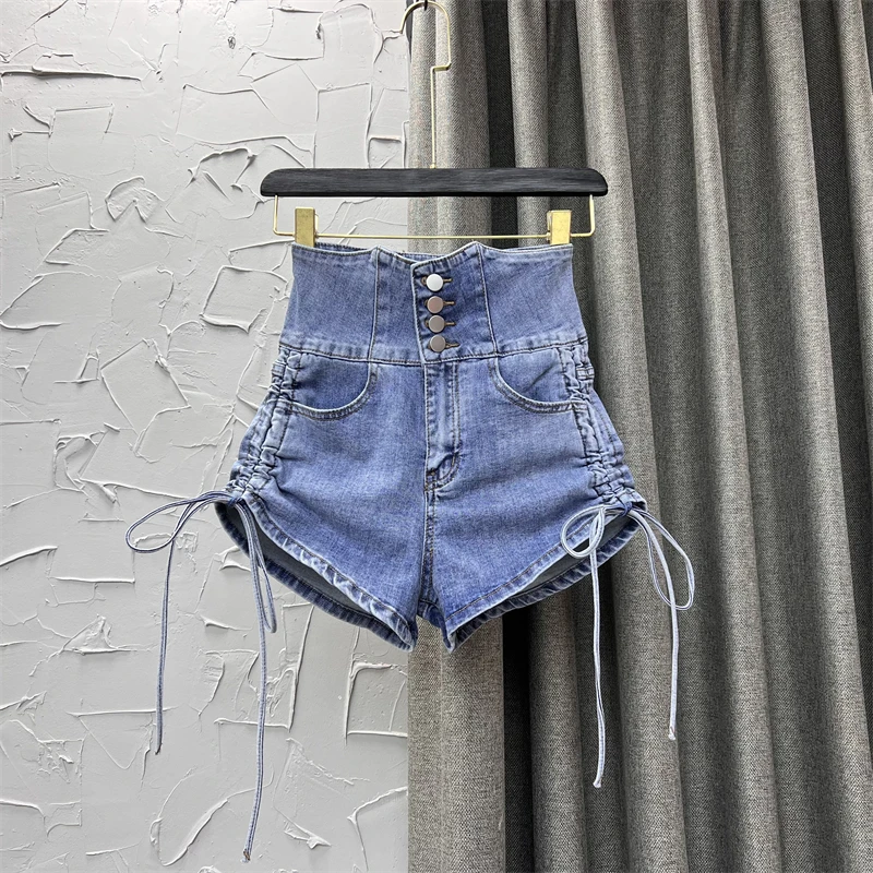 

Women's Skinny Shot Pants 2022 Summer New High Waist Single-Breasted Drawstring Strap Pink Denim Shorts Fashion Sweet Clothes