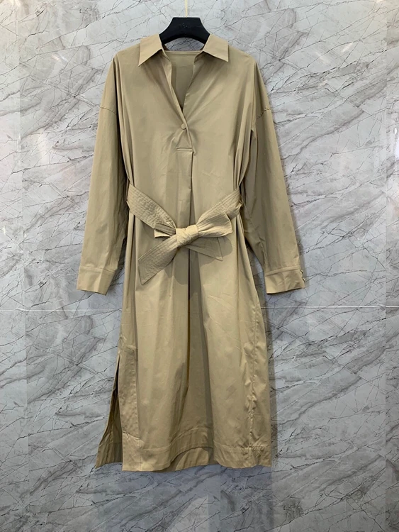 

2022 new women fashion lapel waist tie knotted waist solid color long-sleeved shirt skirt dress 1230