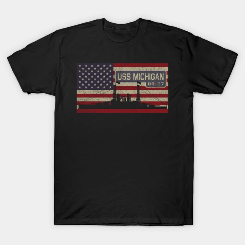 

Navy USS Michigan BB-27 Battleship Vintage America Flag T Shirt New 100% Cotton Short Sleeve O-Neck T-shirt Casual Mens Top