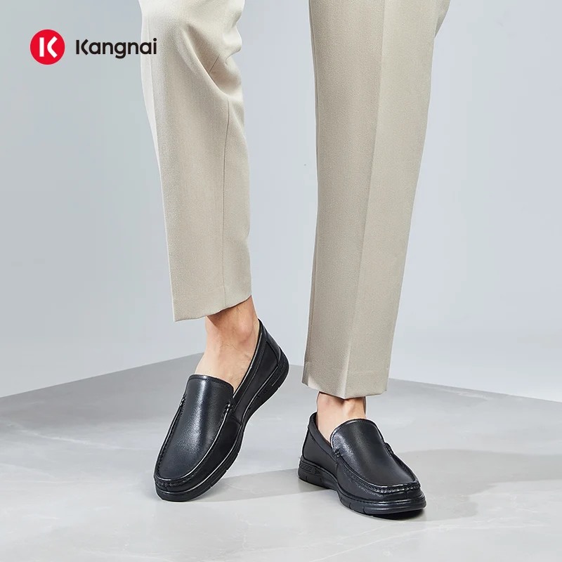 

Kangnai Men Shoes Cow Leather Round Toe Loafers Platform Flats Black Slip-On Comfortable Male Business Casual Office Shoes