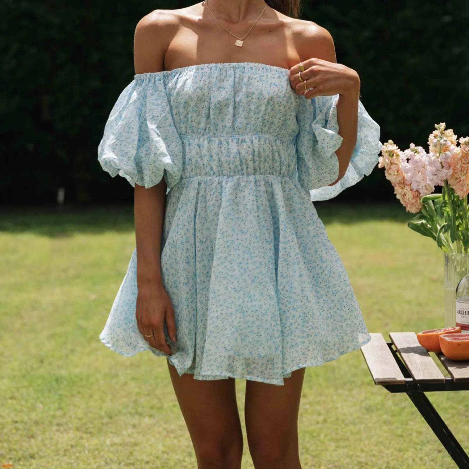 Elegant Floral Print Mini dress Women 2023 Summer Sexy One Line Neck Backless Dress Fashion Bubble Sleeves Slim Pleated Dresses