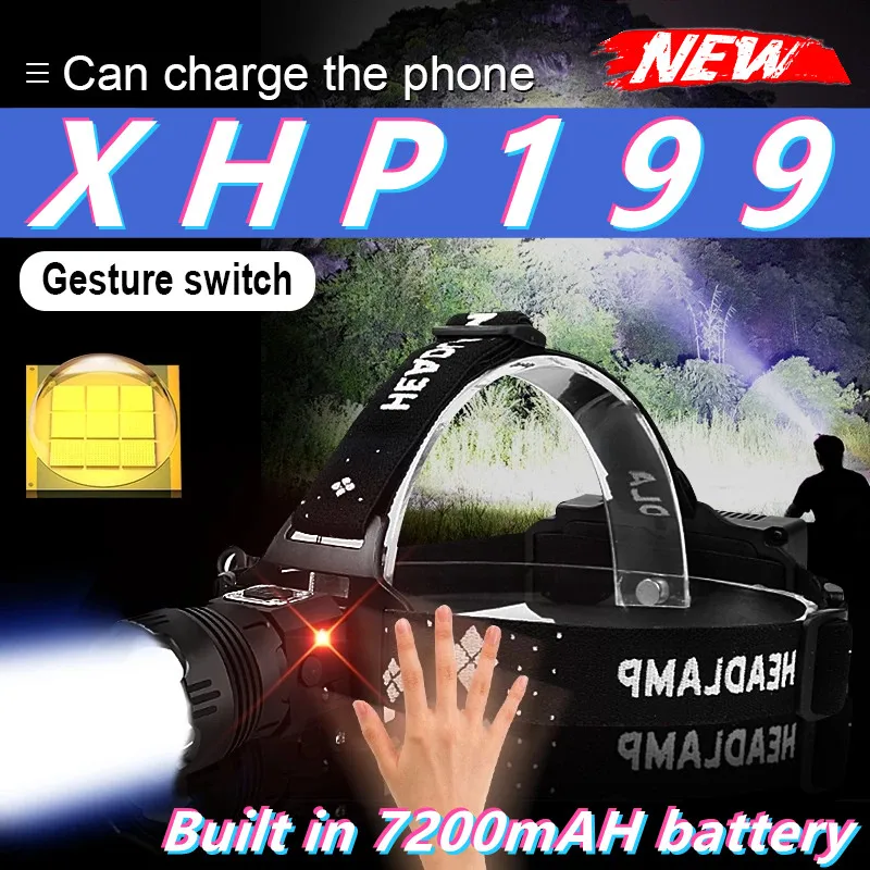 

2022 XHP199 Free Shipping High Power LED Headlamp 18650 USB Recharge Head Lamp Waterproof Fishing Camping IR Sensor Head Torch