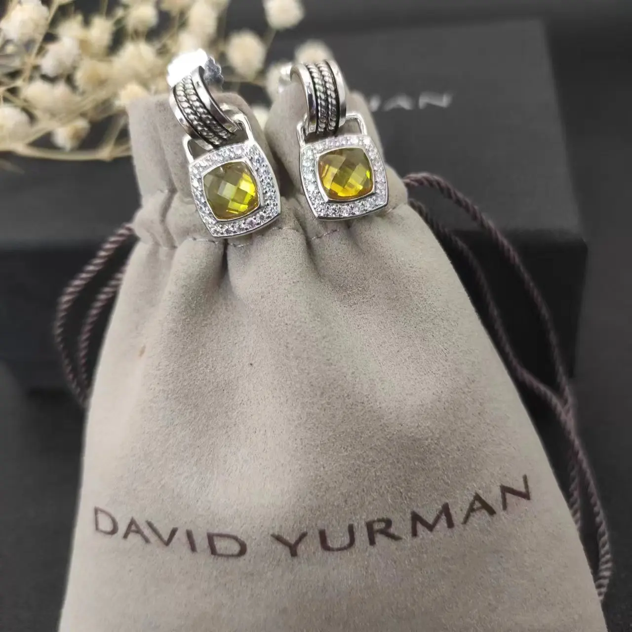 DY David Yurman Cable Classics Tetragonal Stone Earrings in Sterling Silver With Amethyst and Pave Diamonds Jewelers