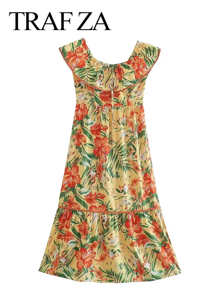 

TRAF ZA Elegant Women Print One-shoulder Neck Side Of Fungus Dress Flower Lace Up Bow Slim Fit Sexy Ruffle Hem Long Dress Summer