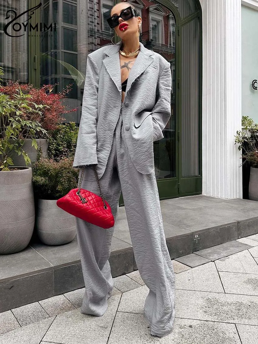 

Oymimi Elegant Grey Office Sets Womens 2 Piece Fashion Lapel Long Sleeve Pockets Shirt And High Waist Simple Trousers Female Set