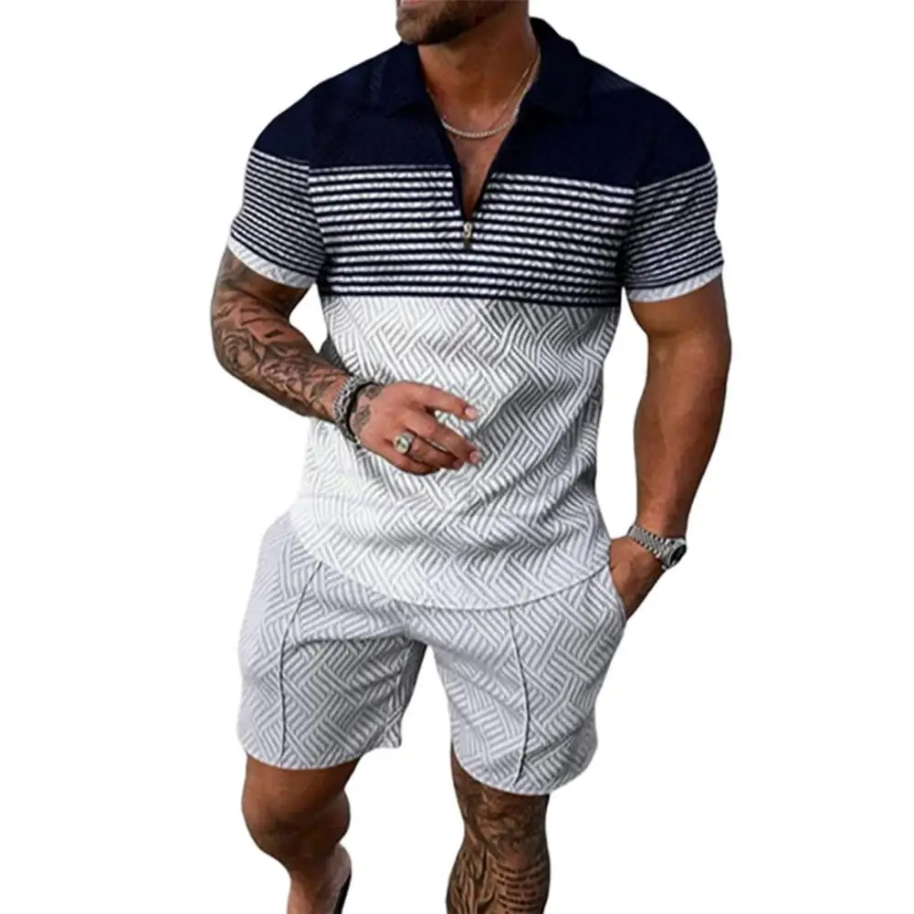 

Summer Tracksuit 2Pcs/Set Outfit Pockets Sweat Absorption Male Activewear Male T-shirt Shorts Activewear