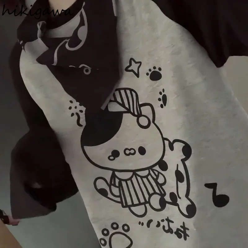 Хлопковые милые футболки женская одежда контрастные цвета с круглым вырезом и