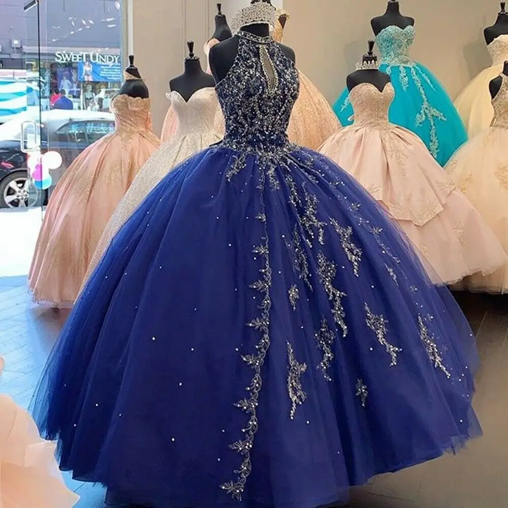 

Блестящие темно-синие платья Quinceanera с бусинами и лямкой на шее милое 16