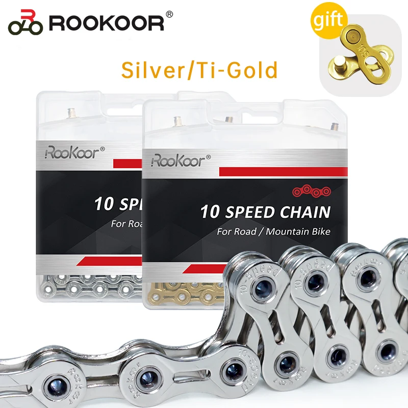 

Rookoor Bicycle Chain 10 Speed Velocidade Titanium Plated 10S For Road Bike Part Mountain MTB Cycling Hollow SL Gold Silver 116L