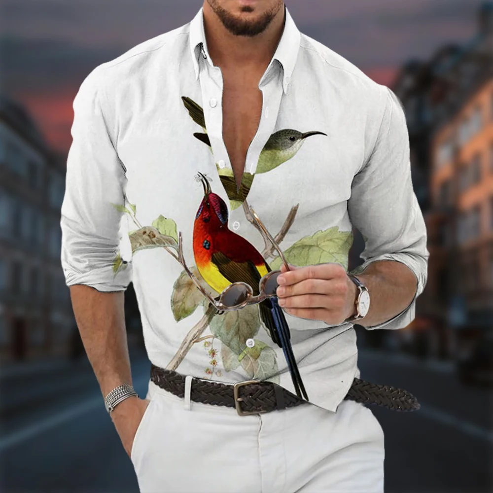 

Hawaiian Men'S Long Sleeve Shirt New 3d Bird Print Long Sleeve Social Shirt Floral Men'S Vacation Casual Oversized O Neck Top