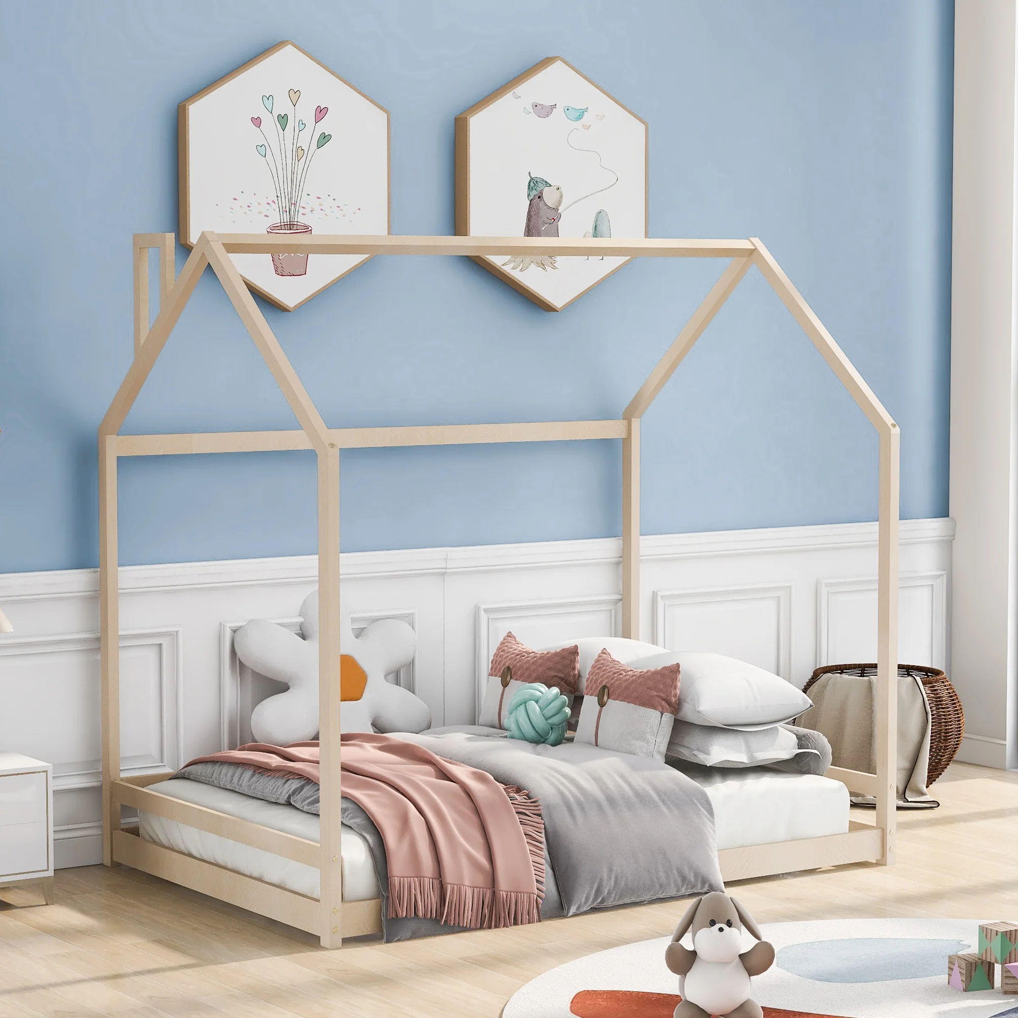 

Full Size House Bed Wood Bed, Natural