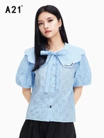 a21womens clothing sweet doll collar shirt blouse 2022 summer new fashion loose fit bubble short sleeve tie bow comfortable top