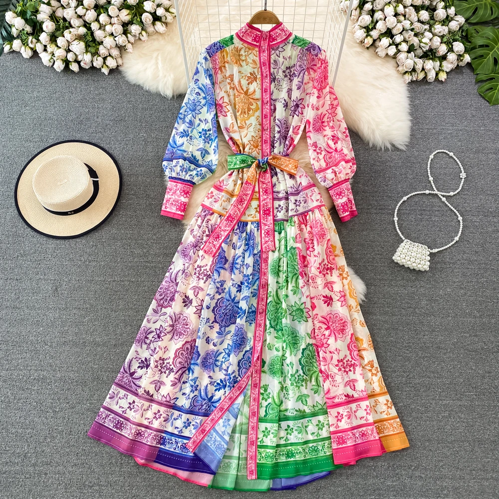 Vintage Temperament Stand-up Collar Lantern Long-sleeved Slimming Waist Printed Dress