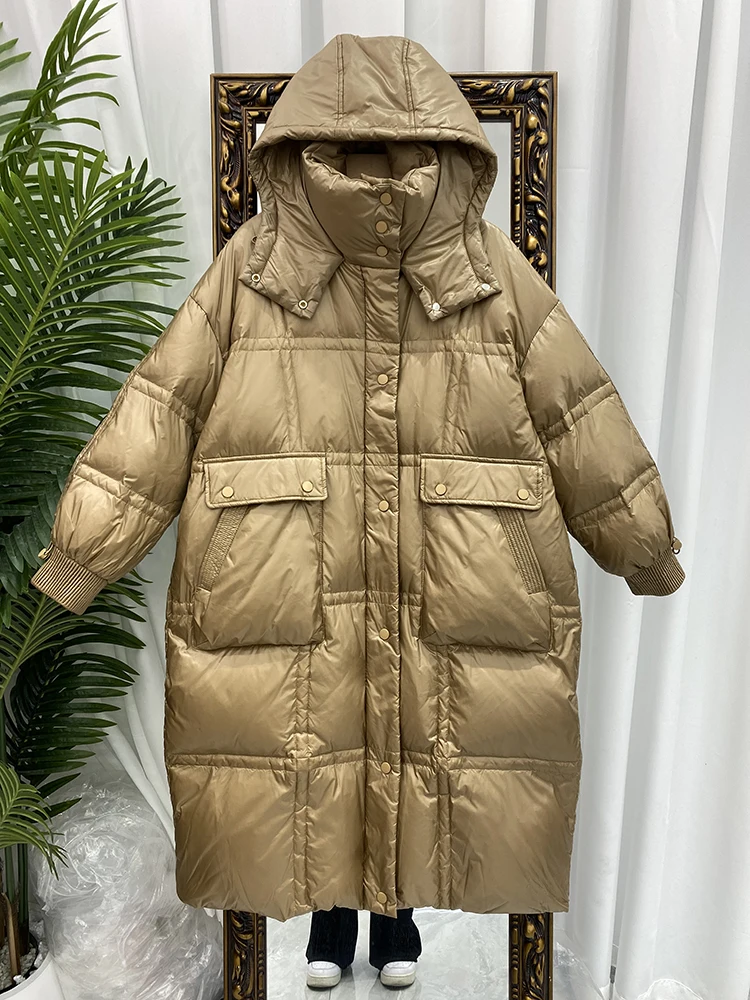 Winter Hooded Down Long Jacket Women 90% White Duck Down Coat Casual Loose Pleating Parkes Snow Windbreak Warm Outwear