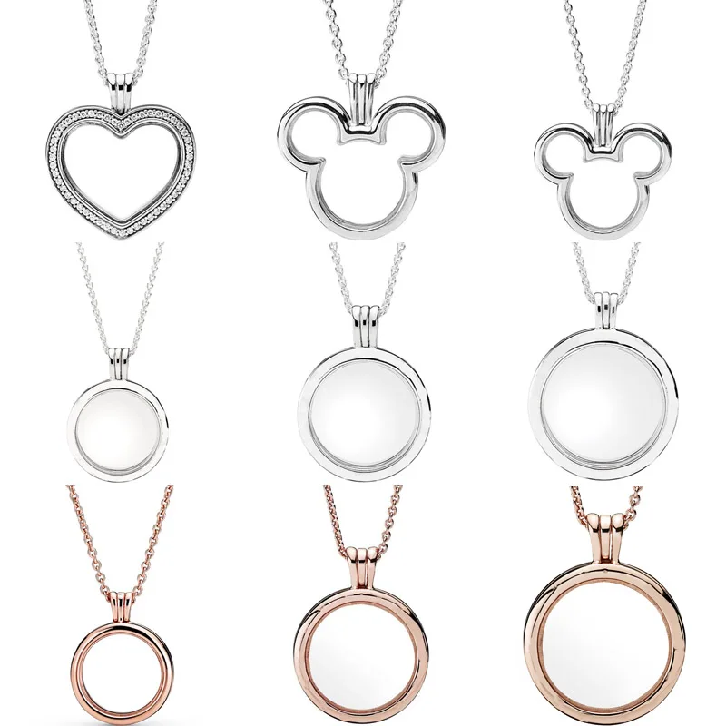 

Оригинальные блестящие круглые кулоны в форме сердца мыши розы, плавающее ожерелье из стерлингового серебра 925 пробы для модных бусин, очар...