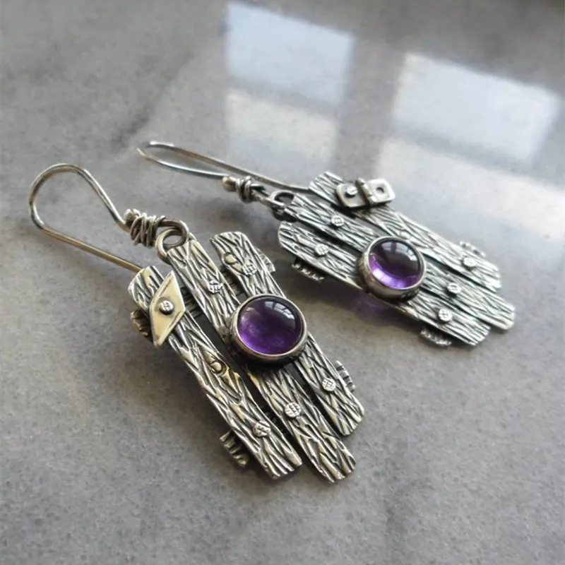 

Ethnic Round Purple Zircon Hook Earrings Vintage Silver Color Carved Metal Guardrail Pendant Earrings Women
