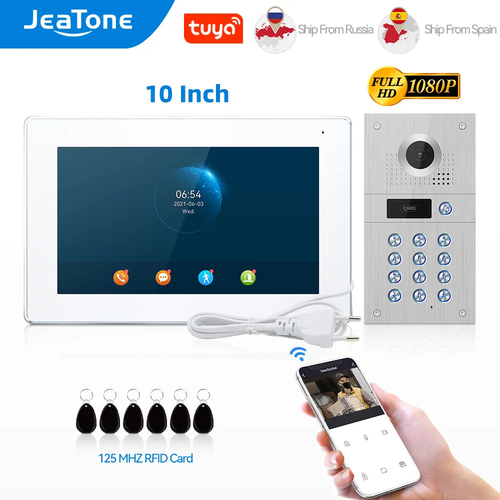 JeaTone 1080P Tuya Wireless WiFi Video Door Phone Intercom 10 Inches Touch Screen Monitor with Wired RFID Code Keypad Doorbell