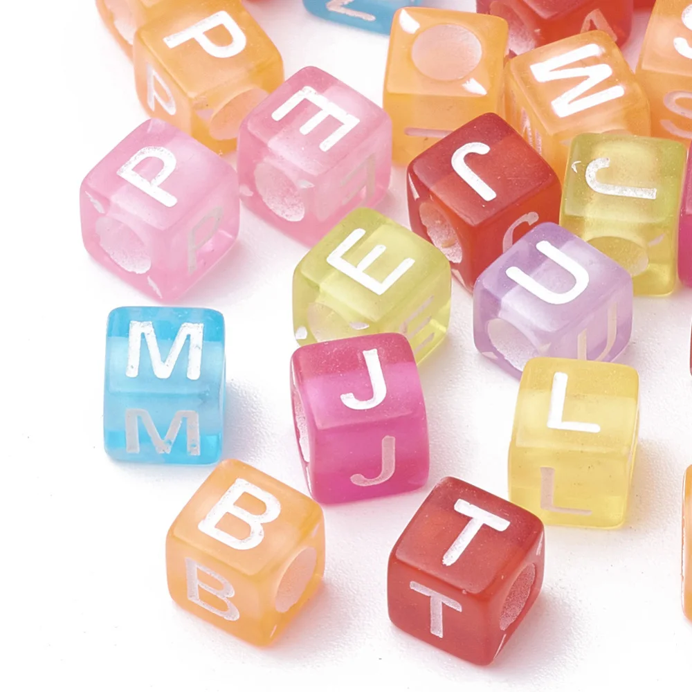 

200pc Transparent Acrylic Beads Horizontal Hole Cube with Initial Letter Mixed Color 6x6x6mm Hole: 3mm