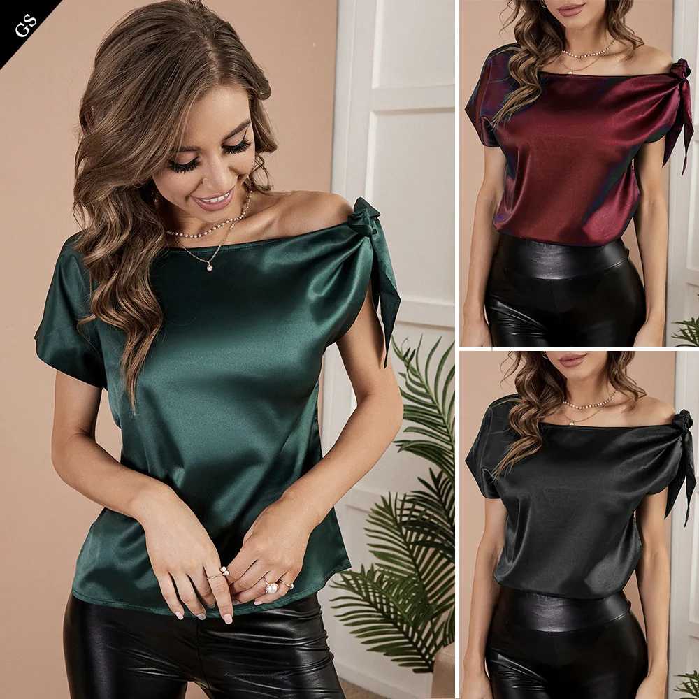 2022 summer head bow one word led pure color emulation silk OL commuter short-sleeved blouse