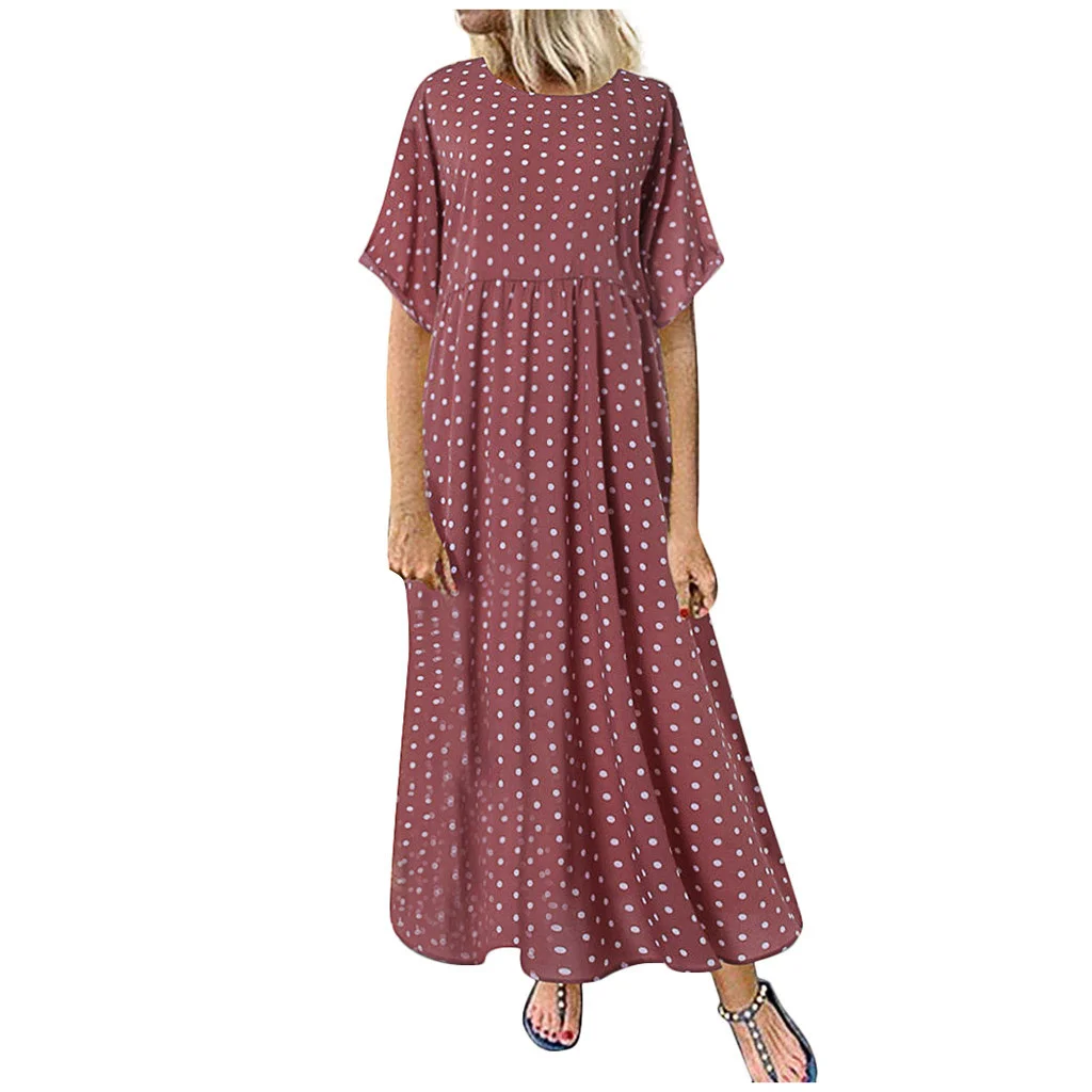 

2023 Women Sundress Vintage O-Neck Long Maxi Dress Female Casual Dot Pinted Summer Dress Beach Boho Dresses Vestidos Robe