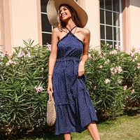 new 2022 summer european and american womens sexy midi dress with wave point halter belt neck dress