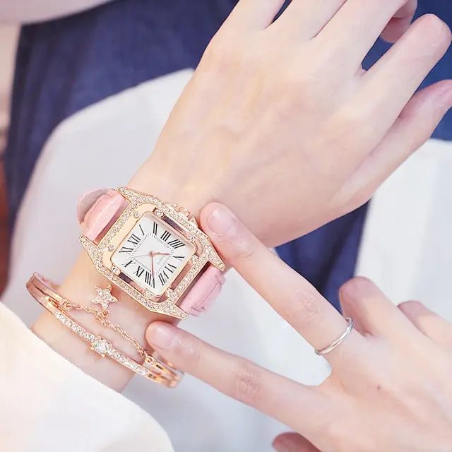 2pcs Women Diamond Watch Starry Square Dial Bracelet Watches Set Ladies Leather Band Quartz Wristwatch Female Clock(No Box) 6