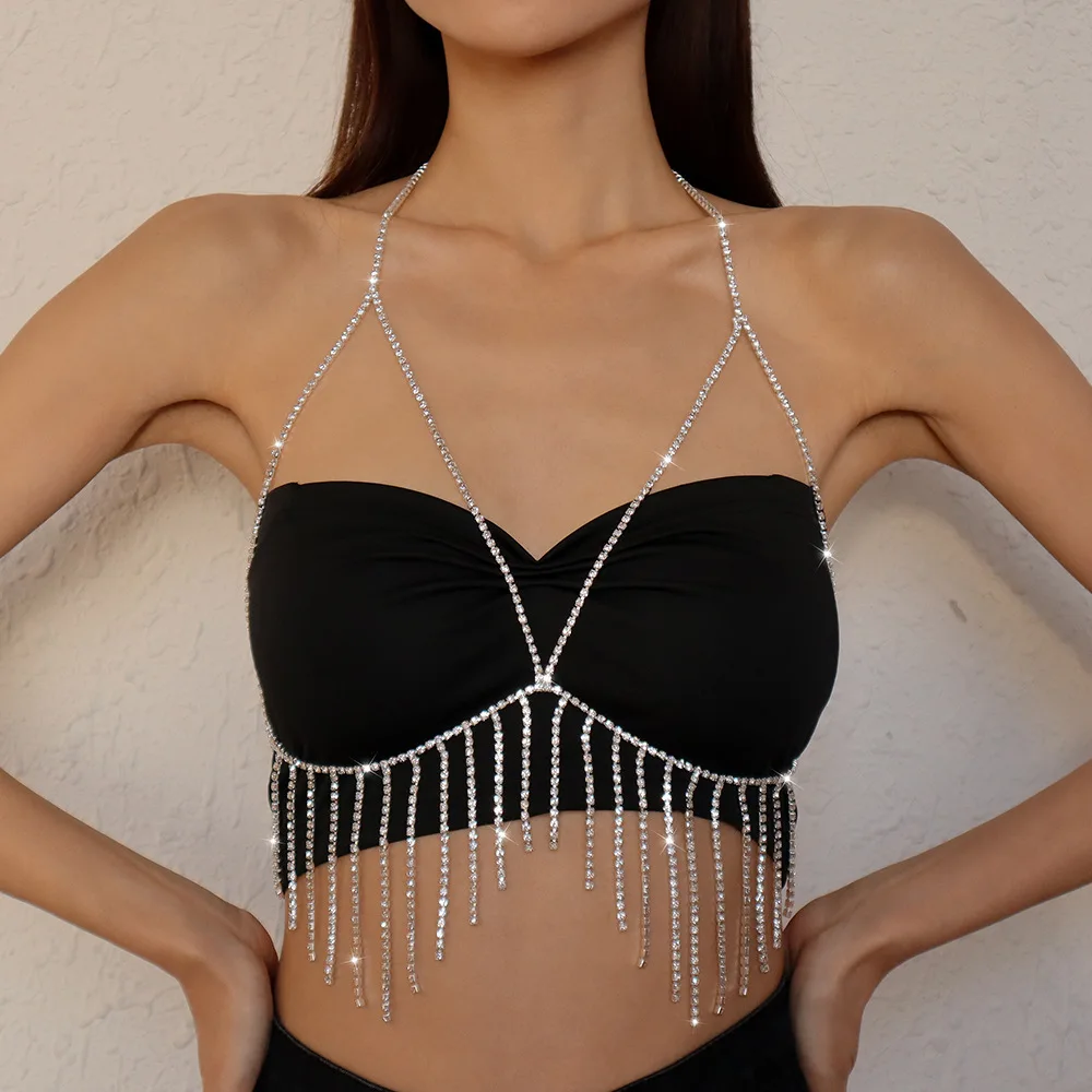 

IngeSight.Z Sexy Rhinestone Tassel Body Chain for Women Body jewelry 2022 Beach Bikini Flash Diamond Chain Necklace Nightclub