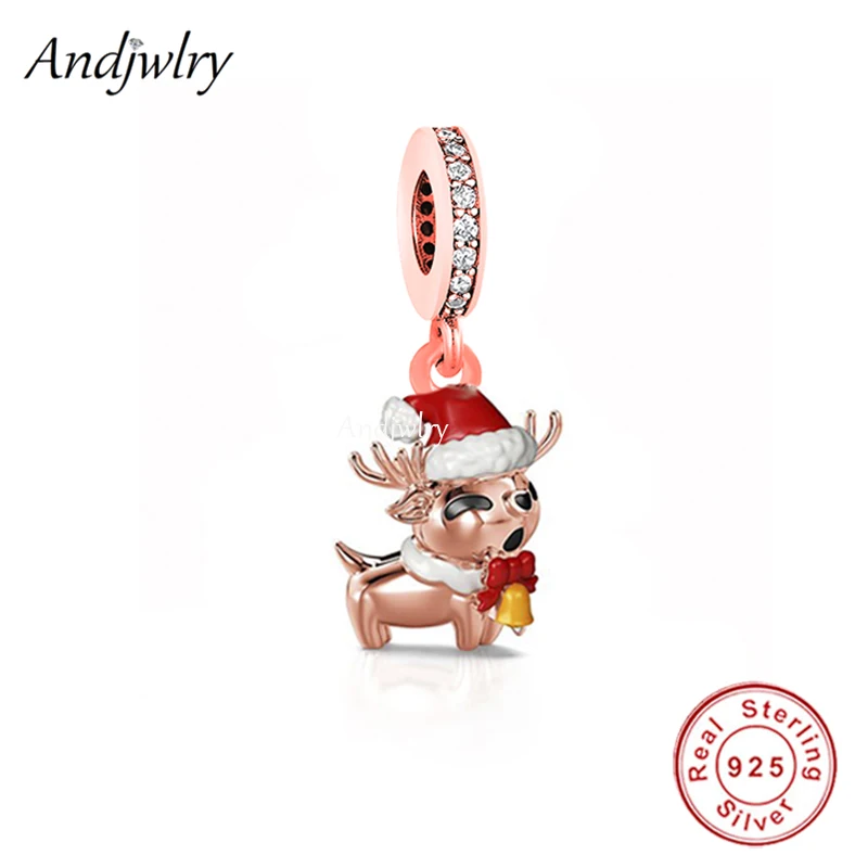 

Fit Bracelet Charms Silver 925 Original Rose Gold Christmas Elk With Bell Bead Bracelet&Bangle Jewelry Berloque