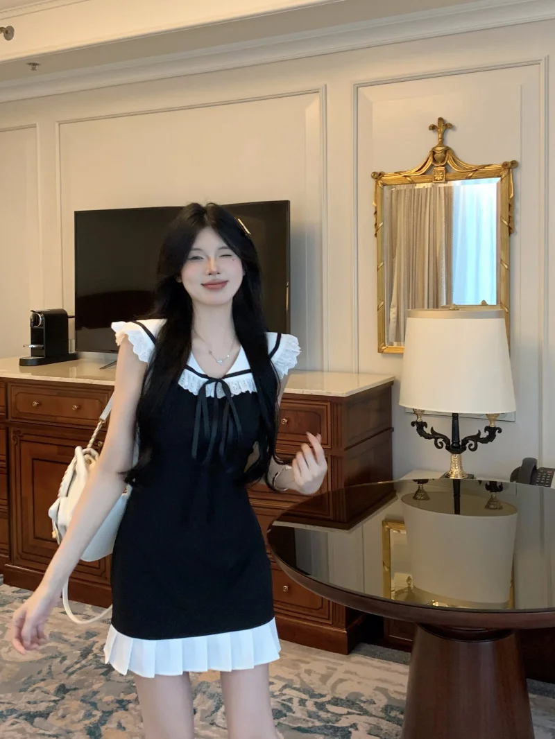 

Summer Mini Dress with Contrast White Lace-Up Neck Women Black Dresses korean cloth y2k cute elegant kawaii lolita bodycon 2023