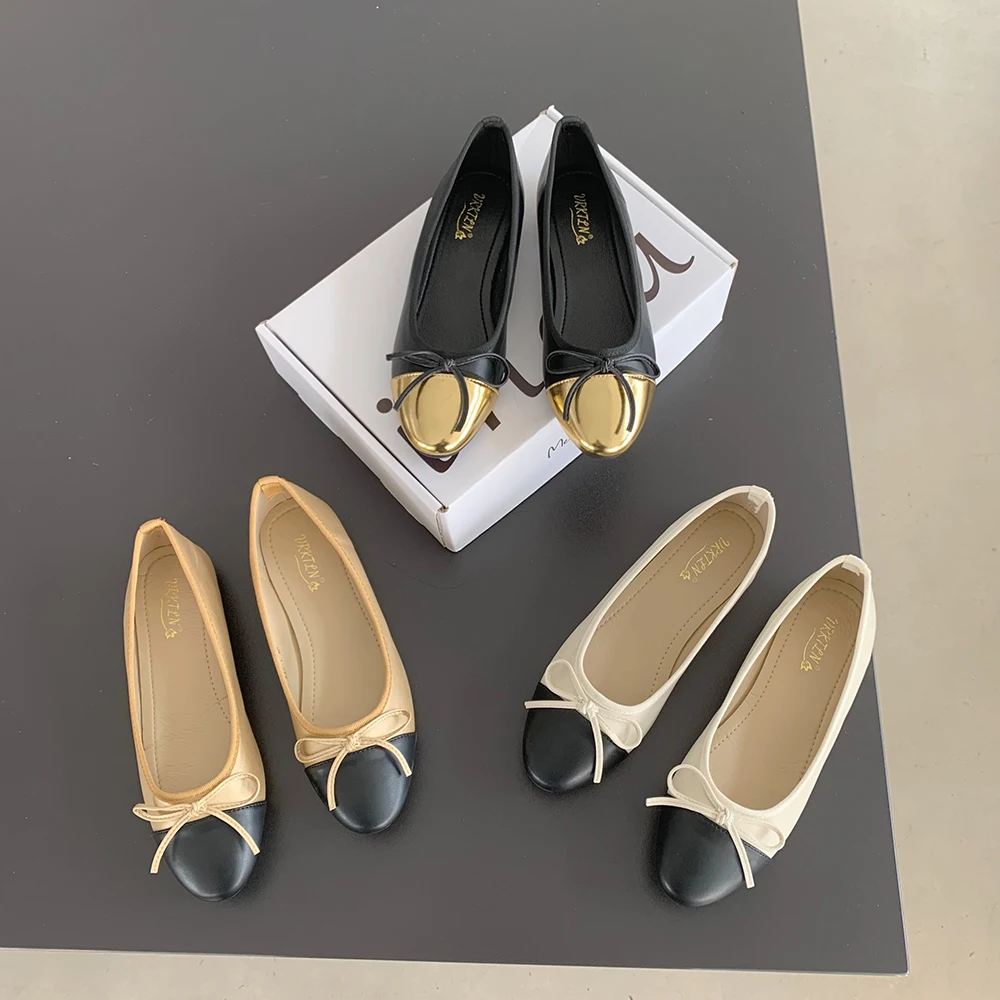 

Fashion Women Flats Loafers Round Toe Mixed Color Black Beige Khaki Shallow Slip On Casual Mules Shoes Bow Design Size 35-40